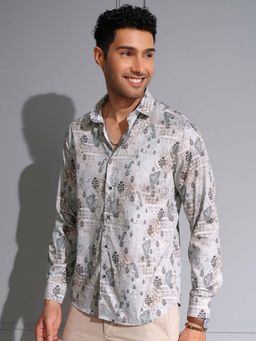 LOCOMOTIVE - Men Grey Cotton Floral Printed Party Shirt