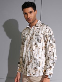 LOCOMOTIVE - Men Cream Cotton Abstract Printed Party Shirt