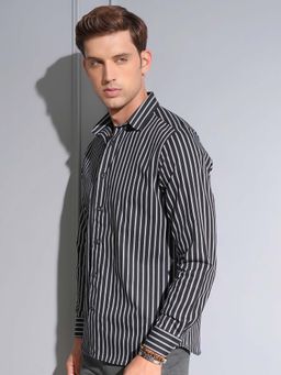 LOCOMOTIVE - Men Black Dobby Vertical Stripes Shirt
