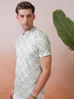 LOCOMOTIVE - Men Olive Printed Mandarin Neck Relaxed Fit Shirt