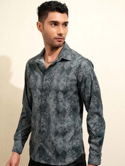 LOCOMOTIVE - Men Grey and Green Printed Party Shirt