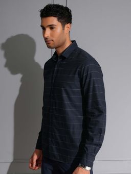 LOCOMOTIVE - Men Navy Blue Dobby Textured Stripes Shirt