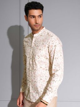 LOCOMOTIVE - Men Cream Printed Floral Mandarin Collar Casual Shirt