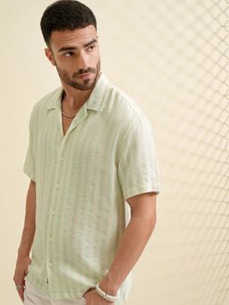 LOCOMOTIVE - Men Mint Green Dobby Textured Stripes Collar Relaxed Fit Shirt