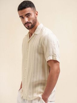 LOCOMOTIVE - Men Cream Dobby Textured Stripes Collar Relaxed Fit Shirt