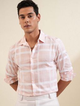 LOCOMOTIVE - Men Light Peach Dobby Checks Casual Shirt