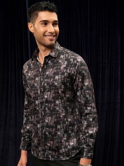 LOCOMOTIVE - Men Black Cotton Printed Slim Fit Party Shirt