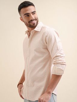 LOCOMOTIVE - Men Cream Dobby Textured Stripes Collar Casual Shirt