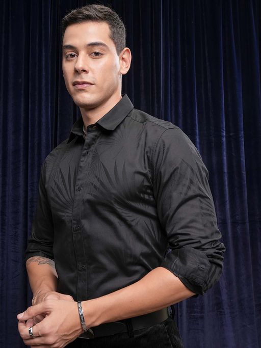 LOCOMOTIVE Men Black Jacquard Self Design Party Shirt