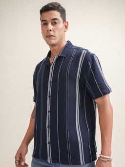 LOCOMOTIVE - Men Navy Blue Dobby Stripes Collar Relaxed Fit Shirt