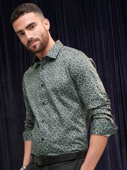 LOCOMOTIVE - Men Teal Cotton Printed Party Shirt