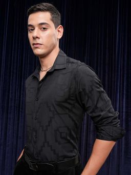 LOCOMOTIVE - Men Black Jacquard Textured Slim Fit Party Shirt