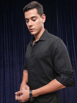 LOCOMOTIVE - Men Black Jacquard Self Design Slim Fit Party Shirt