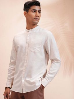 LOCOMOTIVE - Men Beige Dobby Textured Mandarin Collar Casual Shirt