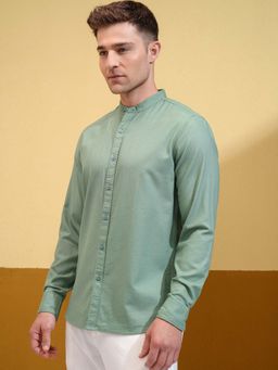 LOCOMOTIVE - Men Sage Green Dobby Mandarin Collar Casual Shirt