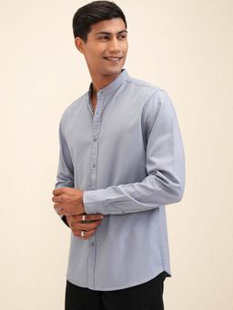 LOCOMOTIVE - Men Blue Dobby Textured Mandarin Collar Shirt