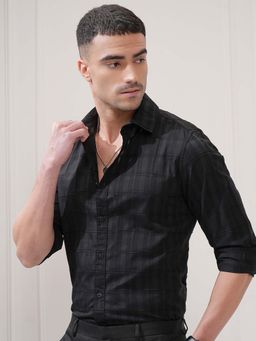 LOCOMOTIVE - Men Black Dobby Textured Relaxed Fit Party Shirt