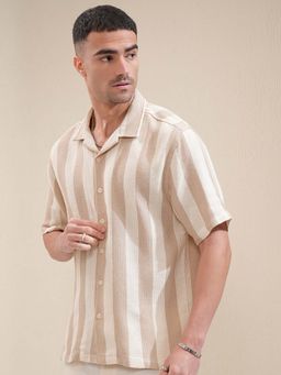 LOCOMOTIVE - Men Beige Dobby Textured Cuban Collar Relaxed Fit Shirt