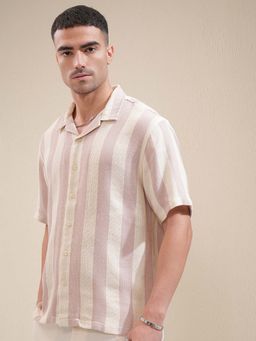 LOCOMOTIVE - Men Light Pink and Cream Stripes Collar Relaxed Fit Shirt