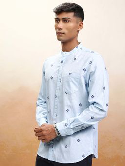 LOCOMOTIVE - Men Light Blue Butta Textured Mandarin Collar Casual Shirt