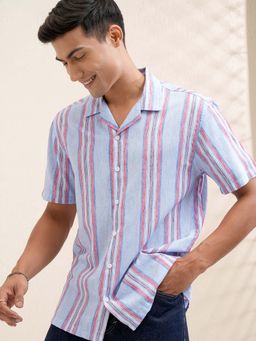 LOCOMOTIVE - Men Blue Dobby Stripes Collar Relaxed Fit Shirt