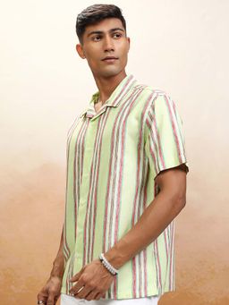 LOCOMOTIVE - Men Lime Green Dobby Stripes Collar Relaxed Fit Shirt