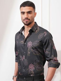 LOCOMOTIVE - Men Black Cotton Floral Printed Party Slim Fit Shirt