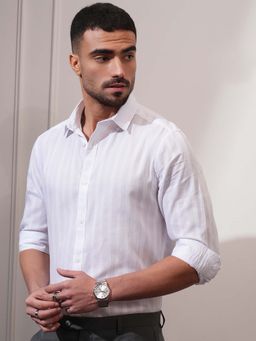 LOCOMOTIVE - Men White Lurex Yarn Dobby Stripes Shirt