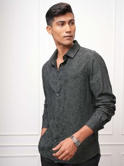 LOCOMOTIVE - Men Dark Olive Floral Self Design Slim Fit Shirt