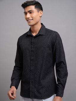 LOCOMOTIVE - Men Black Dobby Self Design Party Shirt