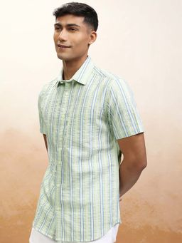 LOCOMOTIVE - Men Light Green Dobby Stripes Casual Shirt