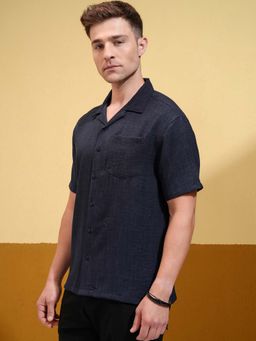 LOCOMOTIVE - Men Navy Blue Textured Relaxed Shirt