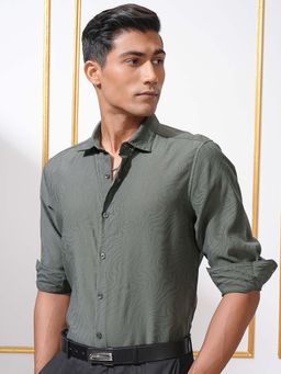 LOCOMOTIVE - Men Olive Burnout Jacquard Self Design Regular Fit Shirt