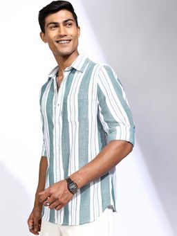 LOCOMOTIVE - Men Sage Green Dobby Stripes Relaxed Fit Shirt