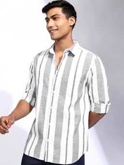 LOCOMOTIVE - Men White and Grey Cotton Stripes Collar Relaxed Fit Shirt