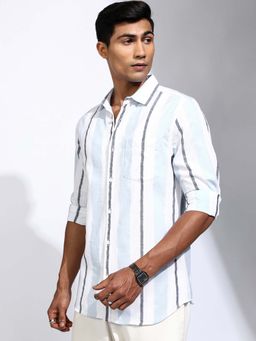 LOCOMOTIVE - Men White and Blue Stripes Relaxed Fit Shirt