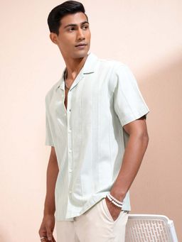 LOCOMOTIVE - Men Light Green Dobby Stripes Collar Relaxed Fit Shirt