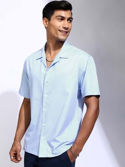 LOCOMOTIVE - Men Light Blue Melange Solid Collar Relaxed Fit Shirt