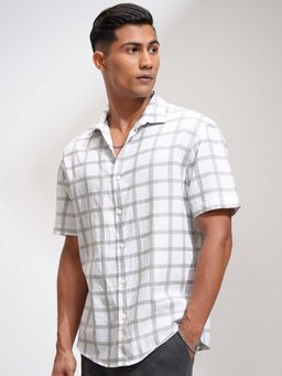 LOCOMOTIVE - Men White Melange Dobby Checks Relaxed Fit Shirt