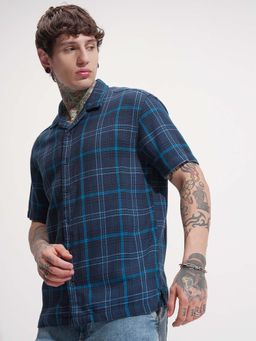 LOCOMOTIVE - Men Navy Blue Dobby Checks Relaxed Fit Shirt