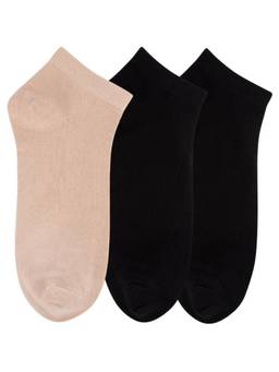NEXT2SKIN - Womens Low Ankle Length Cotton Socks-Pack of 3 (Black:Skin:Black)
