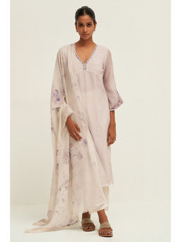 Ganga Fashions - Lily White and Fair Orchid Bemberg Silk Kurta Pant with Dupatta (Set of 3)