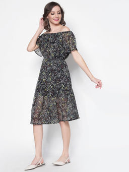 Sera - Black Floral Knee Length Dress