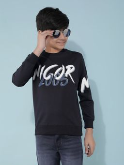 CRIMSOUNE CLUB - Boys Navy Blue Typographic Print Cotton Sweatshirt