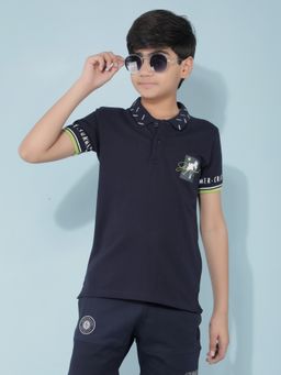 CRIMSOUNE CLUB - Boys Navy Blue Graphic Print Polo T-Shirt