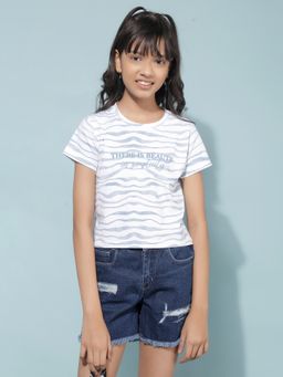 CRIMSOUNE CLUB - Girls Blue Typographic Print T-Shirt