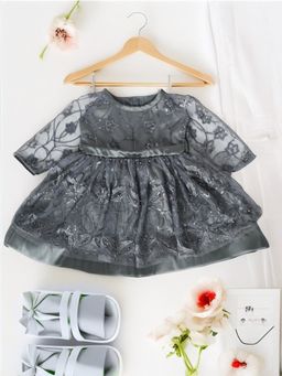 Bella Moda - Girls Solid Fit & Flair Party Wear Grey Dress