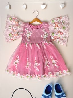 Bella Moda - Girls Solid Fit & Flair Party Wear Pink Dress