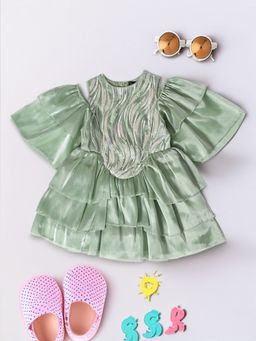 Bella Moda - Girls Solid Fit & Flair Party Wear Green Dress