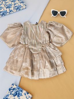 Bella Moda - Girls Solid Fit & Flair Party Wear Gold Dress